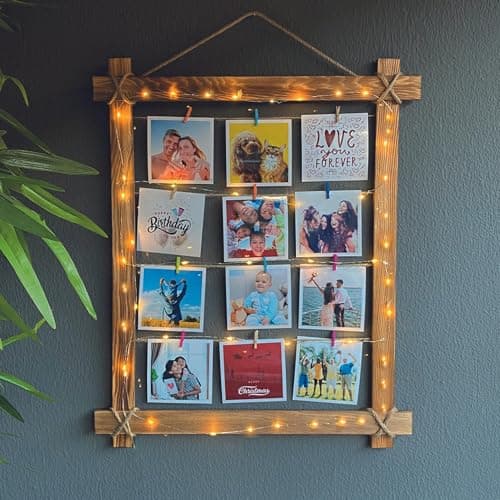 Image of Photo Frame Multiple Pictures - Wall Hanging Natural Wood Picture Frame with String Lights & Pegs - Multi Photo Frame, Personalized Collage Picture Frame for Decoration (50x60 cm)