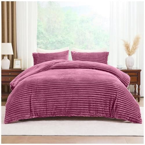 Image of Artistic Fashionista Limited Osum Chunky Ribbed Cord Teddy Bear Winter Duvet Cover Set – Super Soft Fluffy Sherpa Fleece Bedding with Pillowcases, Warm & Cosy Thermal Quilt Cover Set (Berry, Double)