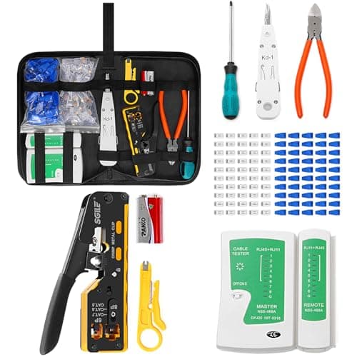 Image of SGILE Network Tool Kit, RJ45/RJ11/RJ12 Crimping Tool for Cat5/Cat6, with 50 Cat6 Connectors, Cable Tester & Wire Stripper, Ethernet Repair Set