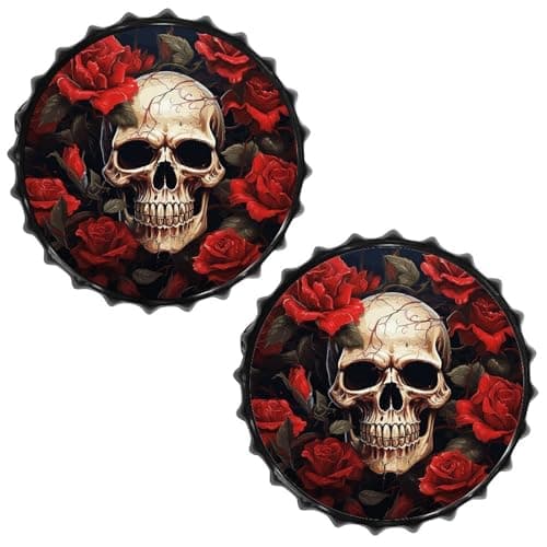 Image of FodPand 2PCS Skull Rose-Red Tin Sign - 11.8 Inch Metal Bottle Cap Wall Art Vintage Beer Decor for Man Cave, Bar, Kitchen & Office, Ready to Hang Round Metal Sign