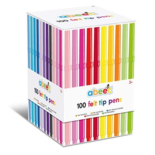 Image of abeec Set of 100 Assorted Felt Tips for Kids 3+ - 20 Different Coloured Pens in a Box – Colouring Set for Arts and Crafts Supplies