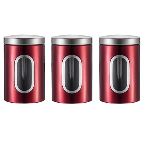 Image of kiss me Stainless Steel Storage Container with Lids Set of 3, Tea Coffee Sugar Canisters Jar Kitchen Canister Set, Elegant Food Storage Container with Viewing Window (Red sanding)