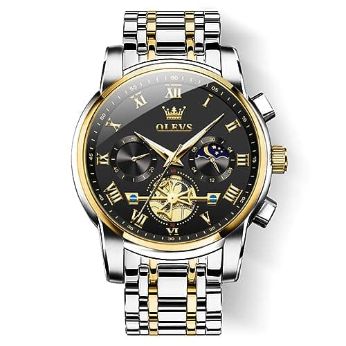 Image of OLEVS Men's Wrist Watches Two Tone Stainless Steel Quartz Watch Diamond Chronograph Moon Phase Gold Blue Black Dial Male Watch Waterproof Luminous