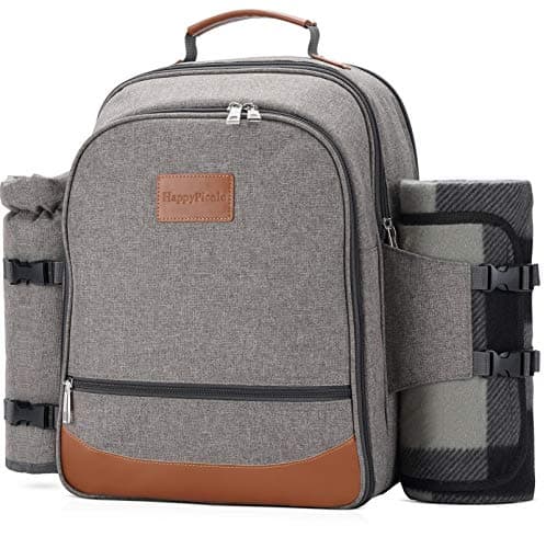 Image of HappyPicnic Insulated Picnic Backpack for 4 Persons with Full Set of Tablewares, Roomy Cooler Compartment, Bottle Holders and Large Waterproof Picnic Rug