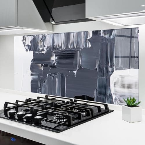 Image of ARTHUB® Glass Kitchen Splashback 60x120 cm, Tempered Glass 4mm | Heat Resistant, Stove Splash Guard, Wall Protector, Abstract, Black Acrylic Painting