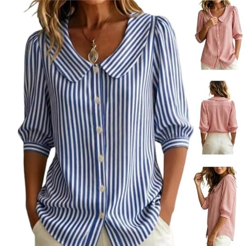 Image of HFDHD Women's Retro Peter Pan Collar Striped Cotton Linen Shirt,3/4 Sleeve Button Down Blouse,Lightweight Breathable Tunic Top (Blue,L)