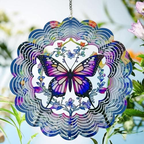 Image of Butterfly Wind Spinners Metal Hanging Wind Spinner for Outdoor & Indoor Decorations, 30cm 3D Wind Spinner for Garden Ornament Gifts (Purple)