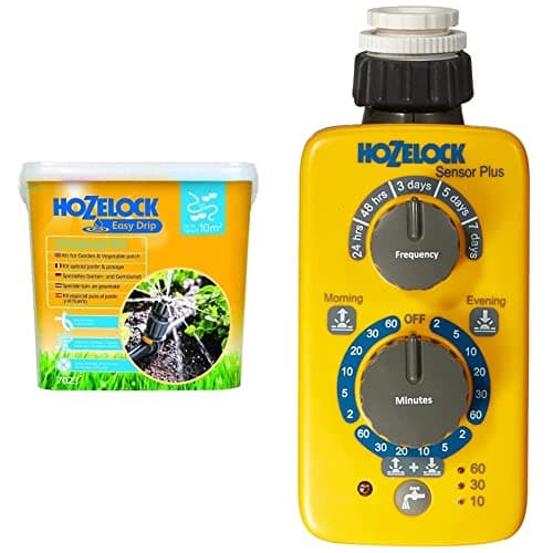 Image of Hozelock Easy Drip Universal Watering Kit for Beds and Borders, Black, 40 x 25 x 15 cm & 2214 0000 Sensor Controller Plus, Yellow/Grey, 40x25x15 cm