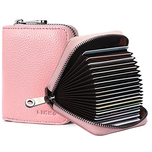 Image of Goopai RFID 20 Card Slots Credit Card Holder Genuine Leather Accordion Card Case Small Wallet for Women or Men with Zipper (Pink)