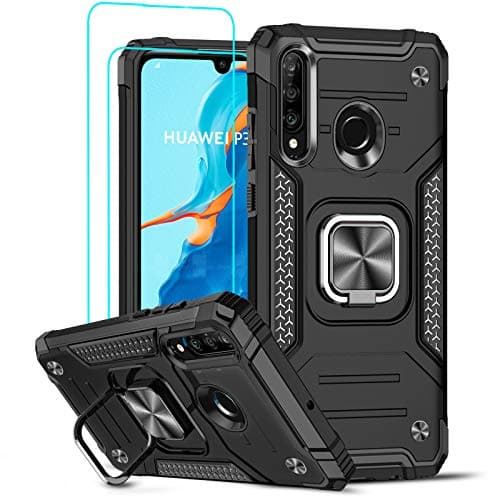 Image of LeYi for Huawei P30 Lite/P30 Lite New Edition Case and Tempered Glass Screen Protector [2 Pack],Cover with Ring Holder Shockproof Protective Silicone Bumper Armour Hard Phone Case for P30 Lite Black