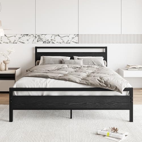 Image of BOFENG King Size Bed Frame with Wood Headboard,Heavy Duty Metal Platform Bed Frame King Size with Storage No Box Spring Needed,Mattress Base/Strong Steel Slats Support/Noise-Free/Black
