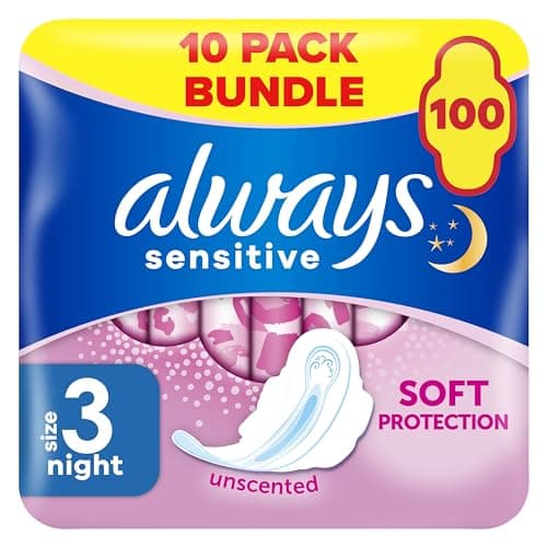 Image of Always Sensitive Ultra Night Sanitary Towels with Wings, Size 3, 100 Towels (10 x 10 Packs), Saving Box, Odour Neutraliser, Super Absorbent Core, Packaging May Vary