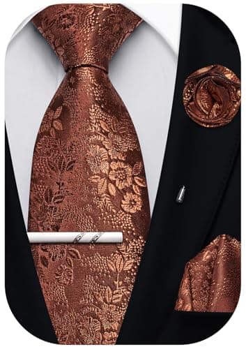 Image of Ailisus Mens Rust Tie Silk Woven Floral Neckie and Pocket Square Lapel Pin Tie Clip Set for Men Wedding Party Formal Casual