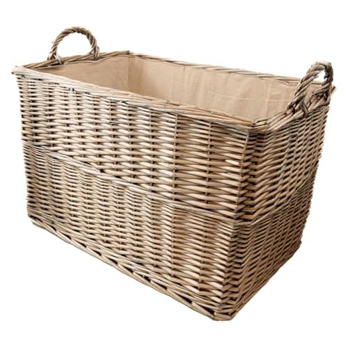 Image of Arthur Cameron - Antique Wash Wicker Log Basket with Lining and Handles (68x46x42cm) Large Sturdy Storage Basket perfect for Toys, Blankets, Hallway, Garage, Living Room, Bedroom or Office