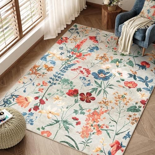 Image of HUGEAR Rugs Living Room Beige Washable Flower Area Rug 120x170cm Non Slip Boho Natural Modern Floral Large Carpet Dining Room Bedroom Kitchen Hall Lounge Office Low Pile Soft Carpets