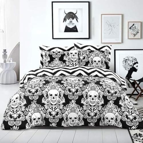 Image of SeventhStitch Double Duvet Cover Set - Super Soft Brushed Microfibre Hotel Quality Gift Bedding, Lightweight, Grey Quilt Covers Double King Superking Size Reversible Bed Sets (Black Skull, Double)