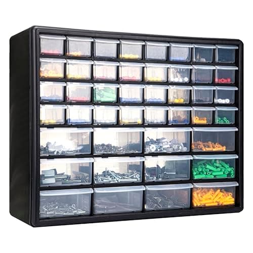 Image of CraftGenes 44 Drawer Screw Storage Organiser Cabinet, Wall Mounted Small Parts Storage with Adjustable Dividers, Plastic Tool Drawer Unit for Garage, Workshop & Craft(Black)