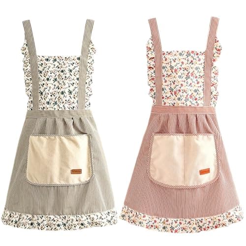 Image of Hwtcjx Chef's Apron, 2 Pieces Women's Kitchen Apron, Adjustable Aprons with 2 Pockets, Restaurant Aprons BBQ Bar Chef Kitchen, Unisex, Floral (Green, Coffee)