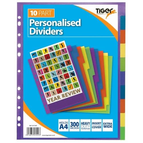 Image of Tiger A4 Extra Wide 10 Part Personalised Polypropylene Dividers