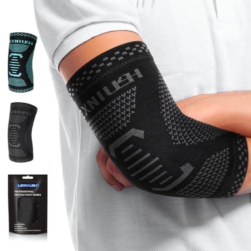 Image of Lexniush Elbow Support for Men Women, Tennis & Golfers Elbow Brace for Tendonitis, Arthritis, Joint Pain Relief, Elbow Compression Sleeves for Weightlifting, Sports, Fitness, Golf, Gym Black Grey L