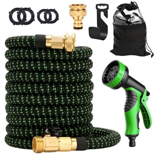 Image of Expandable Garden Hose Pipe, 15m/50ft Expanding Hose with 10 Function Spray Gun, Flexible Hosepipes for Garden with 3/4"&1/2" Solid Brass Connectors Durable Weave & No-Kink