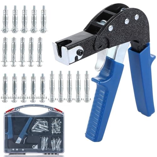 Image of LOPYXBR 72PCS Hollow Wall Anchor Setting Tool，M4/M5 Cavity Wall Fixings Kit for Plasterboard Heavy Duty, Blue Metal Plaster Board Rivet Gun Set, Plasterboard Anchor Fixings Kit with Carry Case