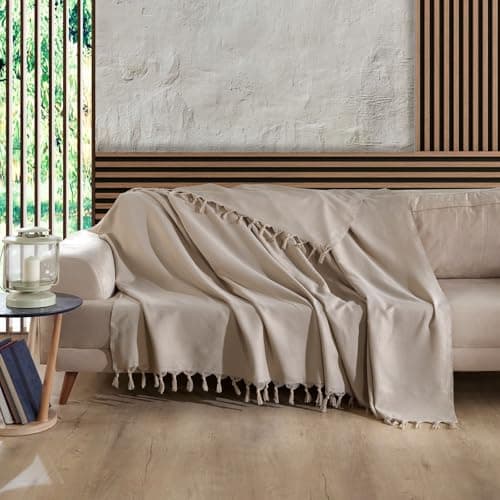 Image of Milam London 100% Cotton Throws For Sofas | Beds | Settees | Bed Throw Double Size | Sofa Throws Large 2 Seater | Beige Throw 200 x 230 cm
