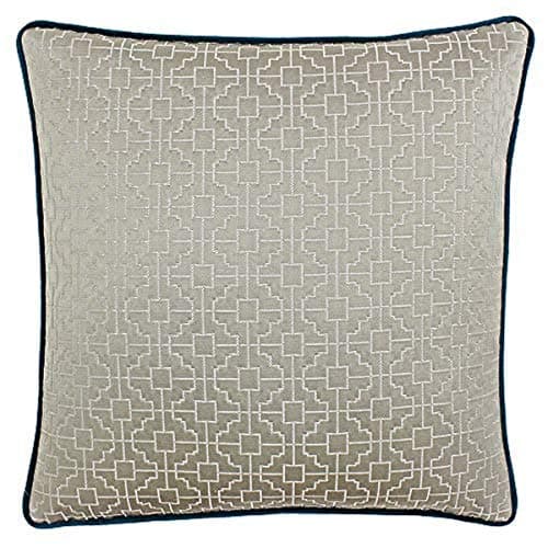 Image of Riva Paoletti Belsize Cushion Cover - Taupe Grey - Geometric Square Design - Jacquard Weave - Contrasting Teal Blue Piped Edges - 58% Linen 42% Polyester - 45 x 45cm (18" x 18" inches)