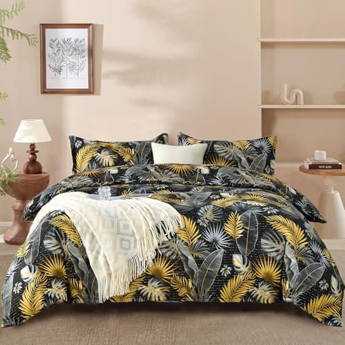 Image of DJY Palm Duvet Cover Set Double Size - Tropical Palm on Black, 3-Piece Microfiber Floral Bedding Set - Wrinkle-Resistant & Breathable Design with Hidden Zipper (Double, 200x200cm)