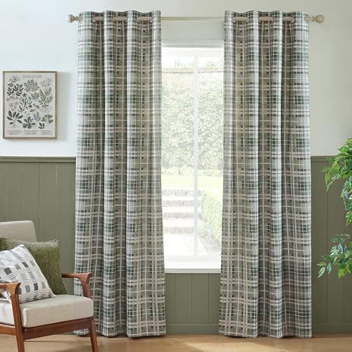 Image of Catherine Lansfield Cullen Thermal Check Brushed Cotton 46x54 Inch Eyelet Curtains Two Panels Green