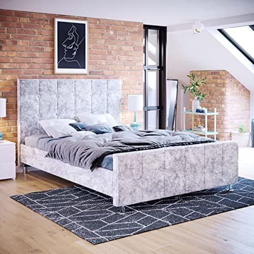 Image of Vida Designs Valentina Double Bed, 4 Ft 6 Bed Frame Upholstered Fabric Headboard Bedroom Furniture, Crushed Velvet Silver, 118 X 144 X 206 Cm (UKFR Certified)