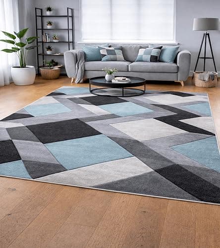 Image of New Small Large Duck Egg Blue Silver Grey Geometric Design Area Rugs Mats (120x170cm)