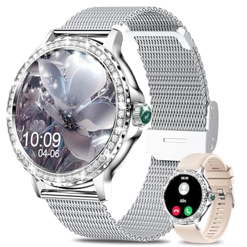 Image of Fitoncloud Smart Watches for Women Diamonds (Answer/Make Call),1.3'' Touchscreen Smartwatch with Heart Rate/SpO2/Sleep Monitor,120+ Sport Modes,IP68 Ladies Smart Watch for iOS Android Phone,Sliver