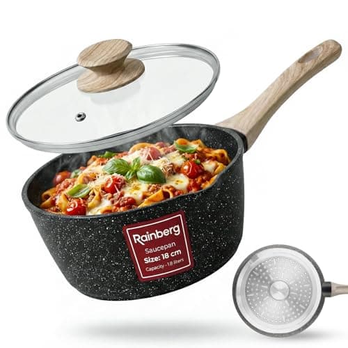 Image of Rainberg Saucepan with Lid, Nonstick Milk Pan Suitable with Induction, Gas and Electric Hobs, Cooking Pot with Pour Spout. (Black, 18cm)