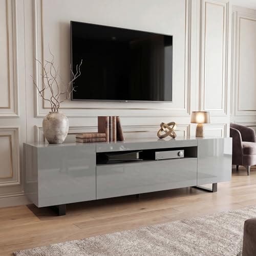 Image of Blisswood High Gloss TV Unit, 180cm Large TV Stand Cabinet for 55–85 Inch TVs, Wooden TV Unit with Storage Cabinets & Open Shelves, Media Console Entertainment Centre Table for Living Room, Grey