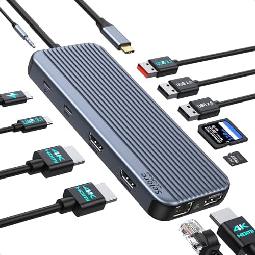 Image of USB C Docking Station 3 HDMI, Selore 12 in 1 Laptop Docking Station 3 Monitors with Triple HDMI,10Gbps USB A/C 3.1,USB 2.0,100W PD Charging, Gigabit Ethernet, Audio Mic,SD/Micro SD Card Slot