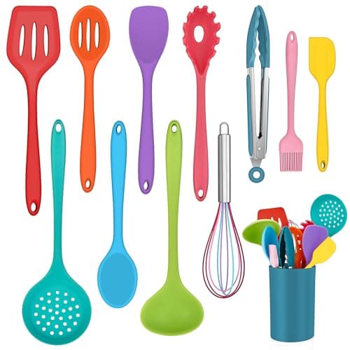 Image of Onader Kitchen Utensil Set, 12 Piece Silicone Cooking Utensils with Holder, Heat Resistant Kitchen Tools Turner Spatula Spoon for Non-Stick Cookware, Easy Clean & Dishwasher Safe, Multicolor