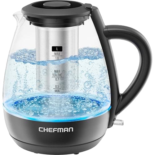 Image of Chefman Electric Kettle with Tea Infuser, 1L 1500W, Removable Lid for Easy Cleaning, Boil-Dry Protection, Stainless Steel Filter, BPA Free, Auto Shut Off Hot Water Boiler, Small Electric Tea Kettle