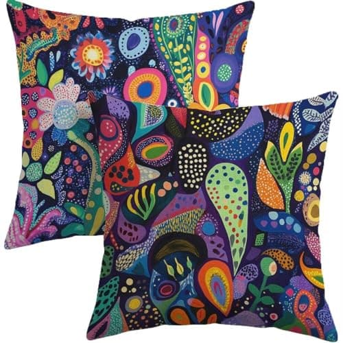 Image of Outdoor Cushion Covers, Bright Colourfuls Cushions Set Of 2, Colourful Cushion Covers 30x30cm, with Invisible Zipper Heavy Duty Linen Decorative Pillows for Bed Garden Sofa Chair, Auntie Gifts 0j-614