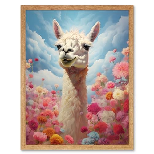 Image of Artery8 Happy Llama Peeking Head Over Pink Flowers Bright Colourful Artwork Kids Bedroom Dreamy Spring Meadow Artwork Framed Wall Art Print 9X7 Inch