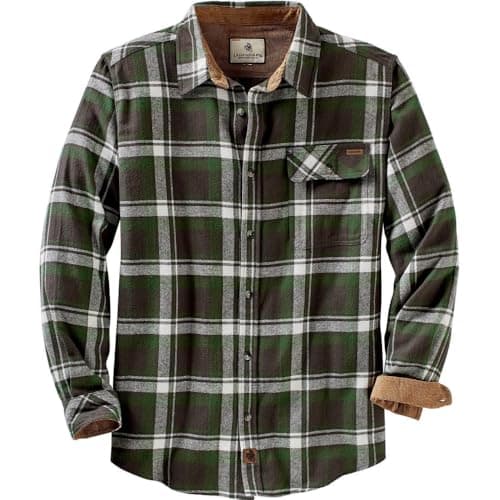 Image of Legendary Whitetails Men's Buck Buck Camp Flannel Shirt, Long Sleeve Plaid Button Down Casual Shirt for Men, with Corduroy Cuffs, Fall & Winter Clothing, Mountain Charcoal Plaid, Large Tall