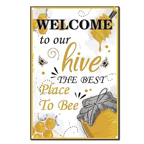 Image of CREATCABIN Bees Metal Tin Sign Poster Vintage Retro Wall Art Decor Hanging Iron Painting Plaque for Home Kitchen Bathroom Living Room Decorations 8 x 12 Inch-Welcome To Our Hive The Best Place To Bee