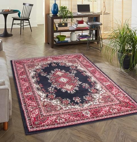 Image of Lord of Rugs Lancashire Traditional Rug for Living Room, Bedroom, Hallways Lounge Classic Carpet Floral Bordered Medallion Oriental Rug Navy Blue, Medium 120x160 cm (4'x5'3")
