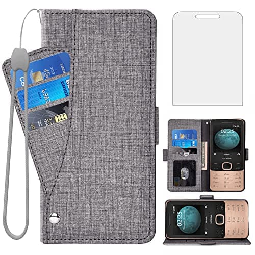 Image of Asuwish Compatible with Nokia 225 4G 2020 Wallet Case Tempered Glass Screen Protector and Leather Flip Cover Card Holder Stand Cell Accessories TPU Phone Cases for Nokia225 G4 TA-1282 Women Men Gray