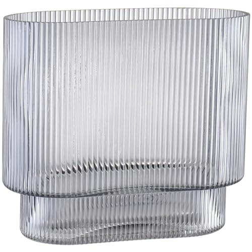 Image of KAYLETIN Ribbed Vase for Flowers, Black Glass Vases for Tulips, Modern Flower Vase, Fluted Glass Vases for Birthday, Wedding, Housewarming, Anniversary, Engagement, 18CM