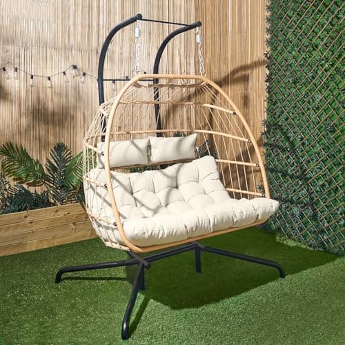 Image of OHS Double Egg Chair Natural, Rattan Swing Chair Wicker Hammock with Stand Hanging Egg Chair Indoor Outdoor Patio Furniture Relaxing Comfy Foldable Garden Swing Soft Cushion with 2 Headrest Included
