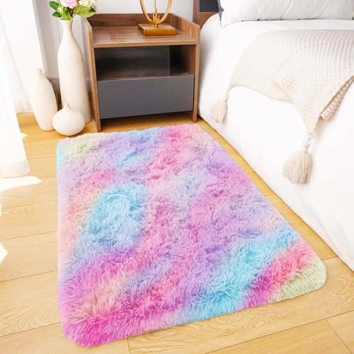 Image of BedLooms Rugs Living Room Small 50x80 cm – Rainbow Area Rugs for Bedroom Non Slip – Modern Super Soft Plush Carpets Fluffy Shaggy Rug for Lounge, Dining Room – Non Shedding Bedside Rug for Kids Room