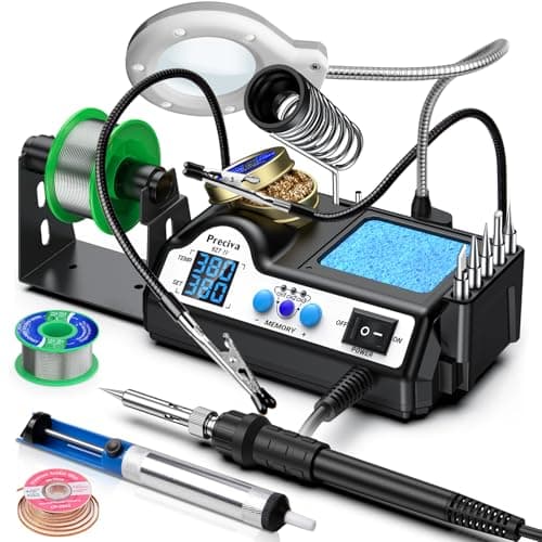 Image of Soldering Iron Kit, Preciva 927IV Solder Station with Magnifiers and 2 Helping Hands, 130W Dual LCD Digital Display, 90-480℃ Temp Adjustable with 5 Tips, Sleep Function and Thermostat Control