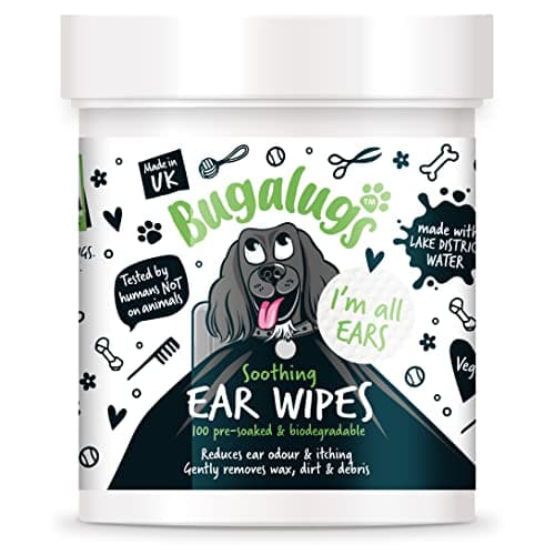 Image of BUGALUGS Dog Ear Cleaner Dog Wipes 100 Biodegradable textured pre-soaked dog ear wipes. Pet Wipes Dog Ear Cleaner Solution Stops Head Shaking, Itching & Waxy Ears