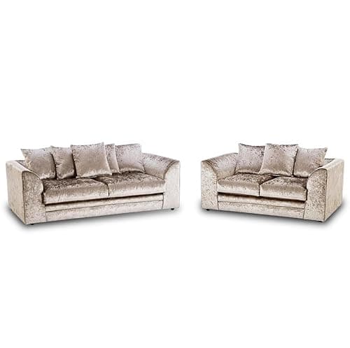 Image of Durable 3+2 Seater Set - Crushed Velvet Corner Sofa - Luxurious 3 Seated Scatter Back - Crystal 2 Seater Couch with Fashionable Cosy Cushions for Living Room Lounge (Mink, 3+2 Seater)